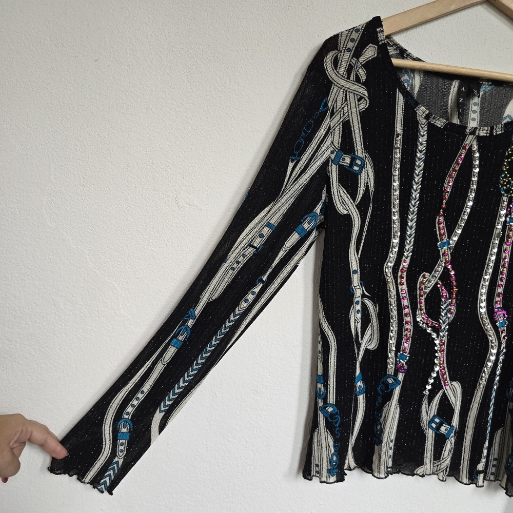 AZI Jeans Sheer Mesh Belt Print Beaded Y2K Top Size M - Picture 4 of 16